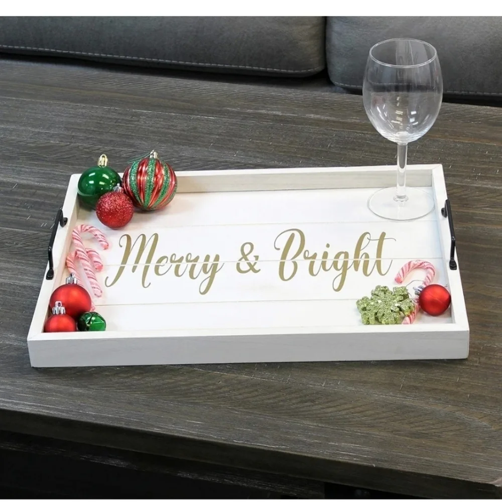 White Tray with Gold 'Merry & Bright' Text